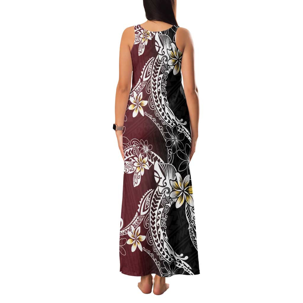 Polynesian Hawaiian Plumeria Tribal Pattern Family Matching Tank Maxi Dress and Hawaiian Shirt Special Wine Red Version