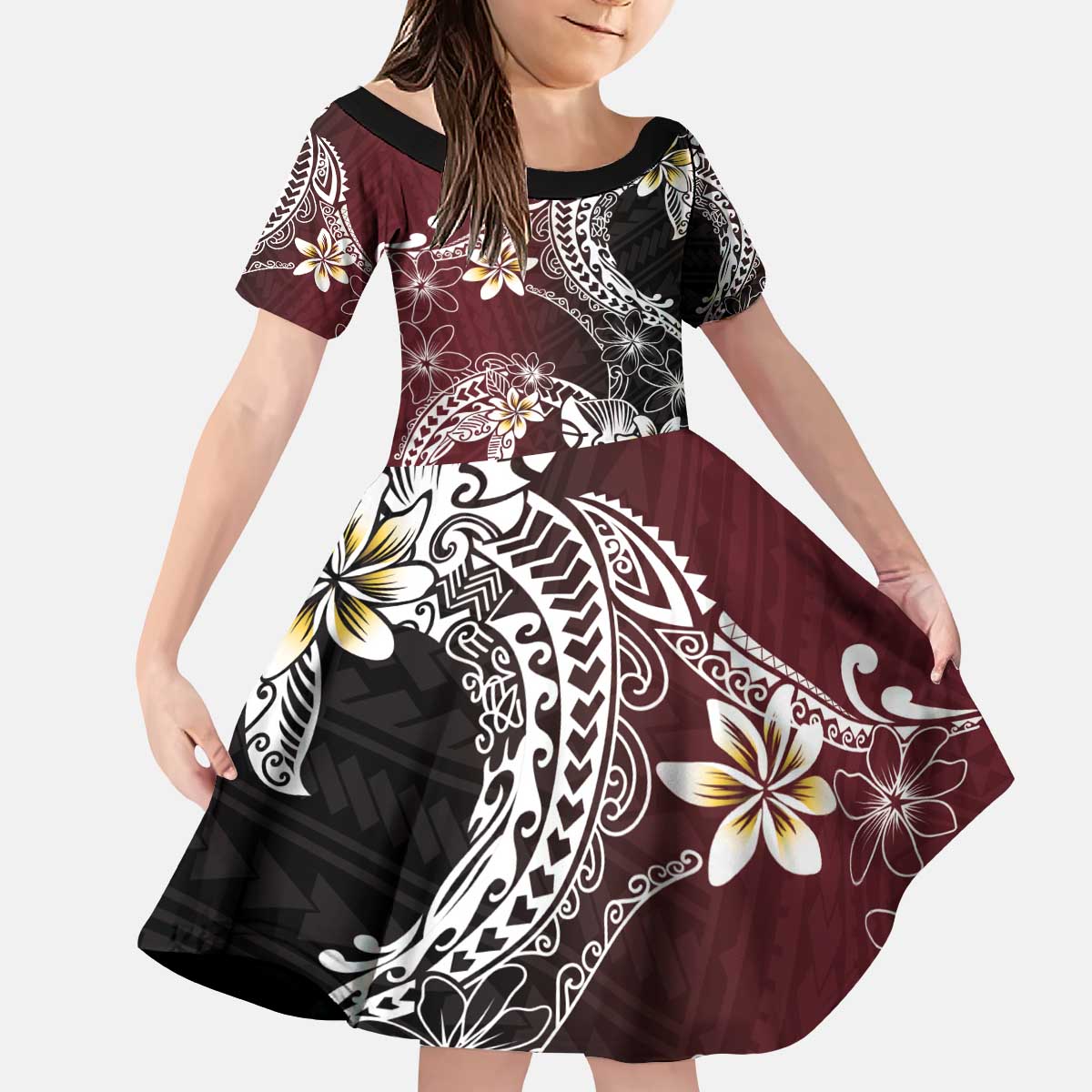 Polynesian Hawaiian Plumeria Tribal Pattern Kid Short Sleeve Dress Special Wine Red Version LT01 KID Red - Polynesian Pride