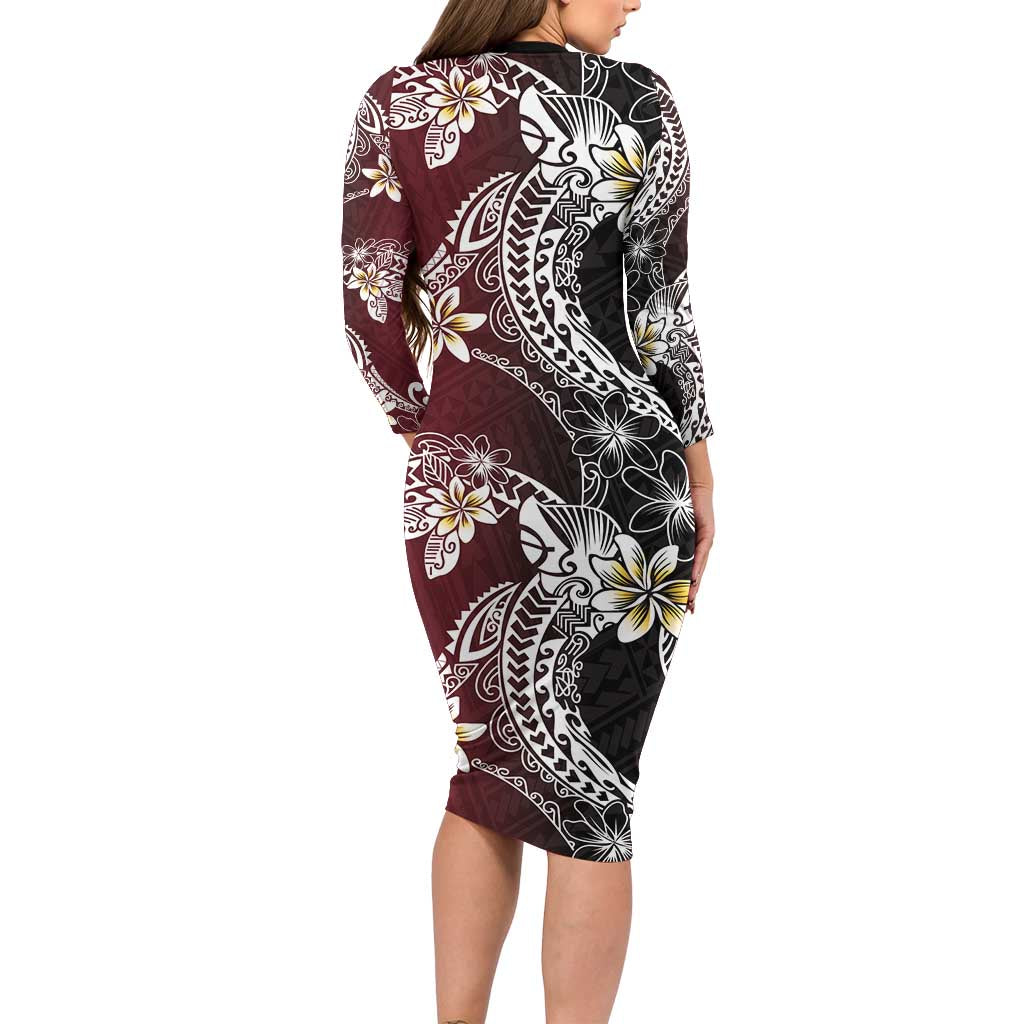 Polynesian Hawaiian Plumeria Tribal Pattern Long Sleeve Bodycon Dress Special Wine Red Version