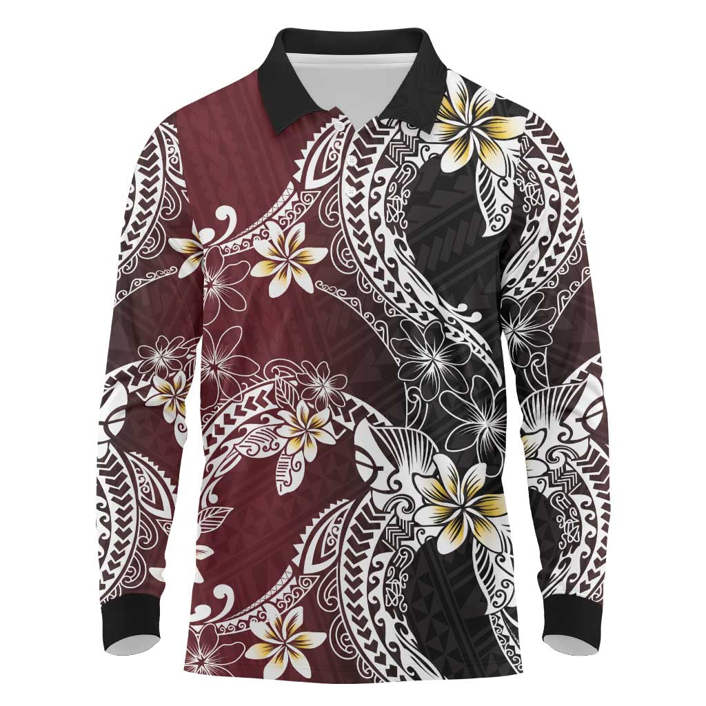 Polynesian Hawaiian Plumeria Tribal Pattern Long Sleeve Polo Shirt Special Wine Red Version LT01 Red - Polynesian Pride