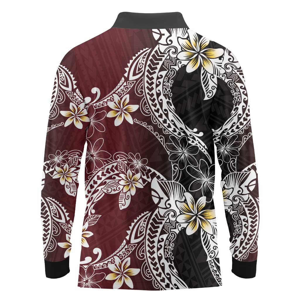 Polynesian Hawaiian Plumeria Tribal Pattern Long Sleeve Polo Shirt Special Wine Red Version LT01 - Polynesian Pride