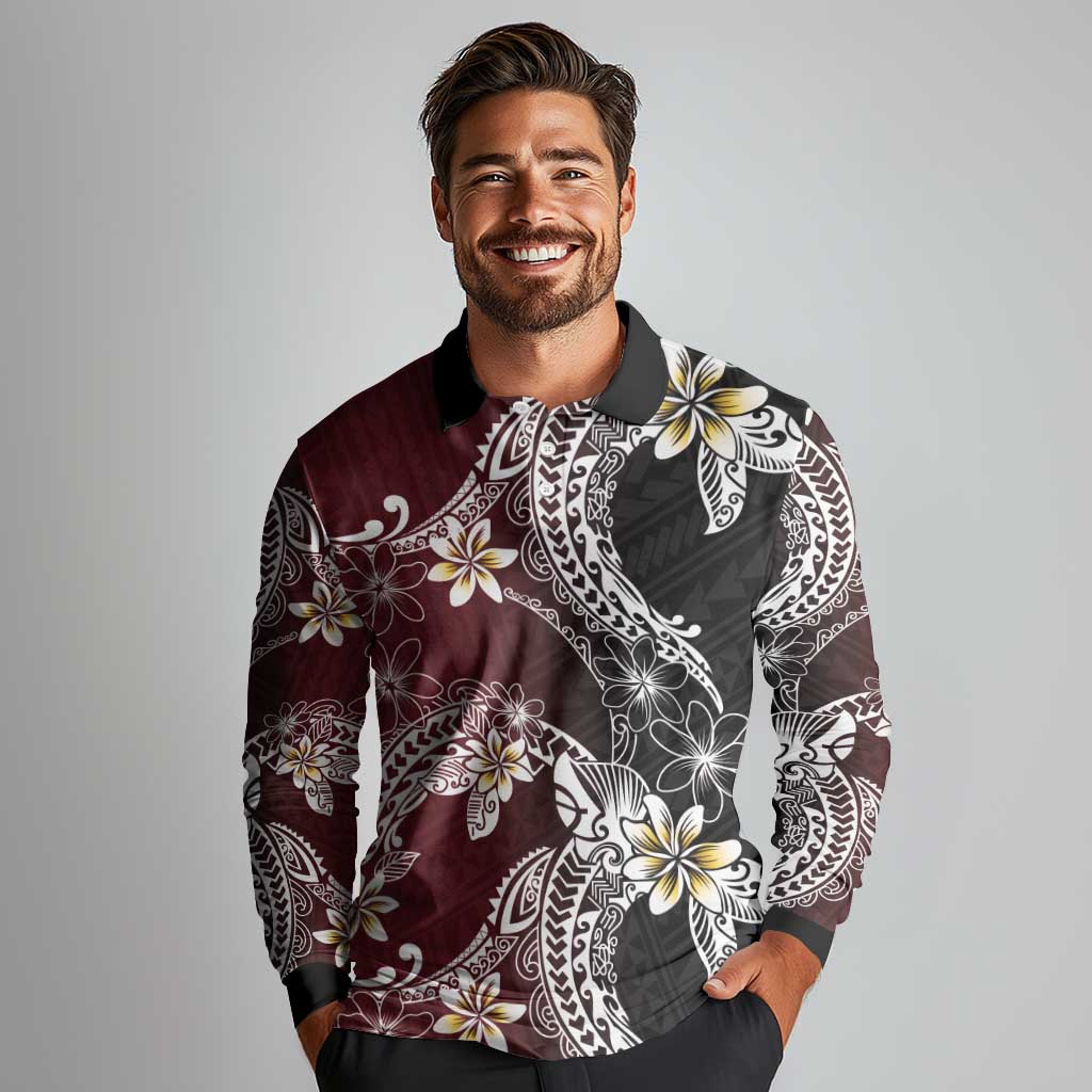 Polynesian Hawaiian Plumeria Tribal Pattern Long Sleeve Polo Shirt Special Wine Red Version LT01 - Polynesian Pride