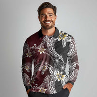 Polynesian Hawaiian Plumeria Tribal Pattern Long Sleeve Polo Shirt Special Wine Red Version LT01 - Polynesian Pride