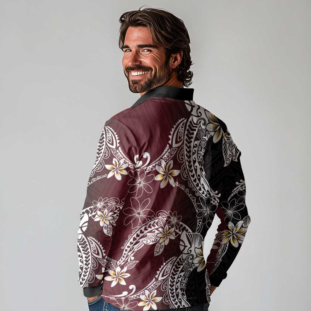 Polynesian Hawaiian Plumeria Tribal Pattern Long Sleeve Polo Shirt Special Wine Red Version LT01 - Polynesian Pride