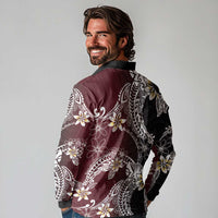 Polynesian Hawaiian Plumeria Tribal Pattern Long Sleeve Polo Shirt Special Wine Red Version LT01 - Polynesian Pride