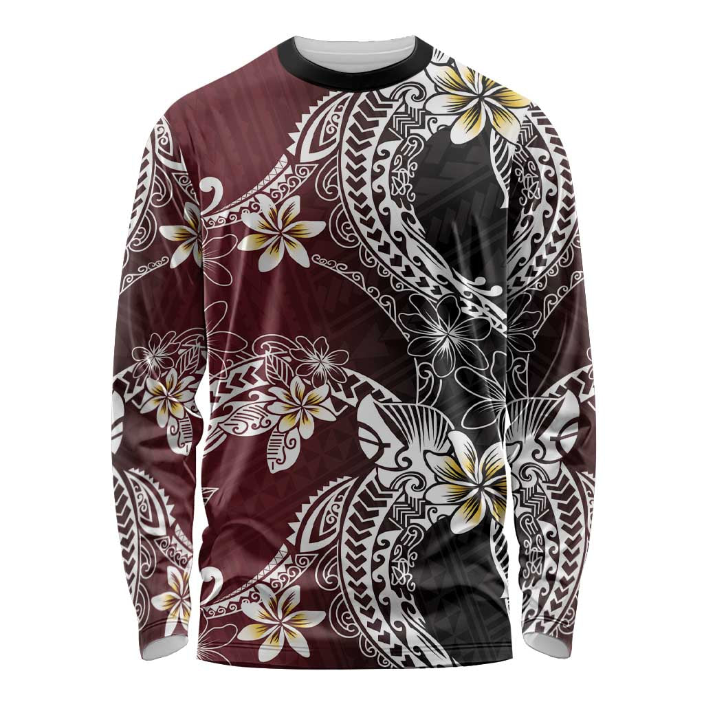 Polynesian Hawaiian Plumeria Tribal Pattern Long Sleeve Shirt Special Wine Red Version
