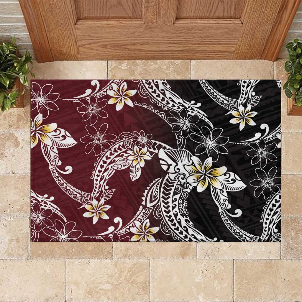 Polynesian Hawaiian Plumeria Tribal Pattern Rubber Doormat Special Wine Red Version