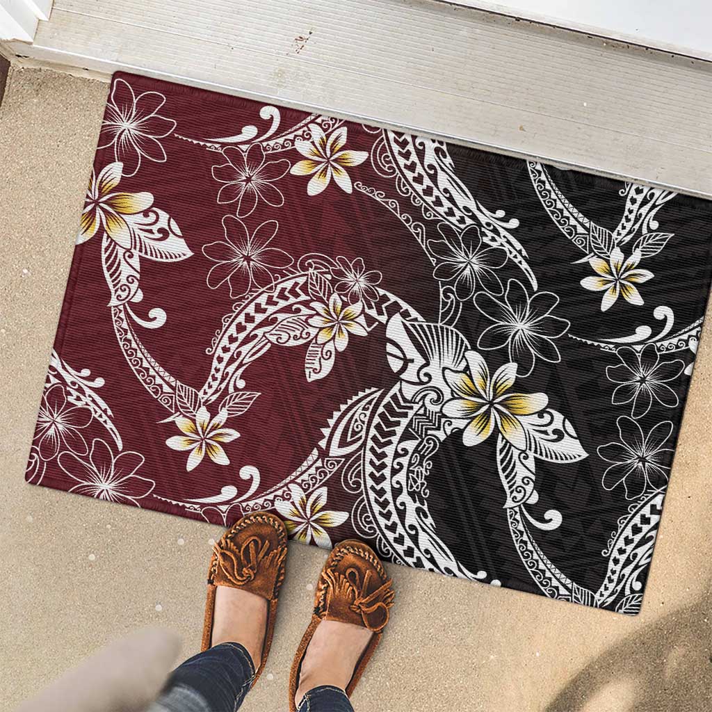 Polynesian Hawaiian Plumeria Tribal Pattern Rubber Doormat Special Wine Red Version