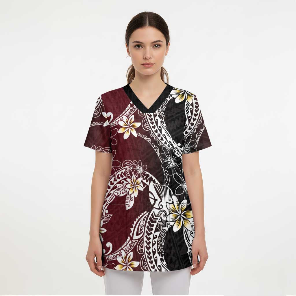 Polynesian Hawaiian Plumeria Tribal Pattern Scrub Top Special Wine Red Version - Polynesian Pride
