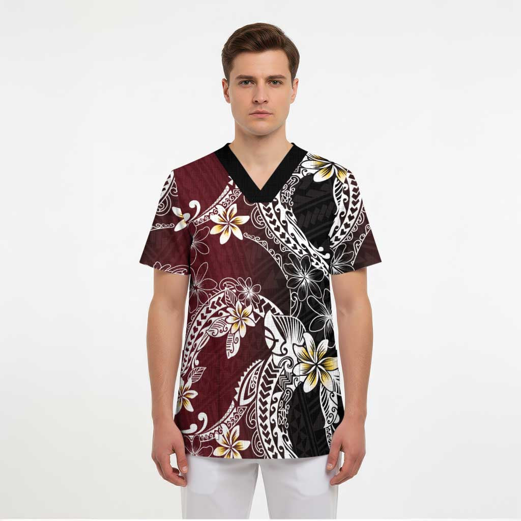 Polynesian Hawaiian Plumeria Tribal Pattern Scrub Top Special Wine Red Version - Polynesian Pride