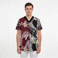 Polynesian Hawaiian Plumeria Tribal Pattern Scrub Top Special Wine Red Version - Polynesian Pride