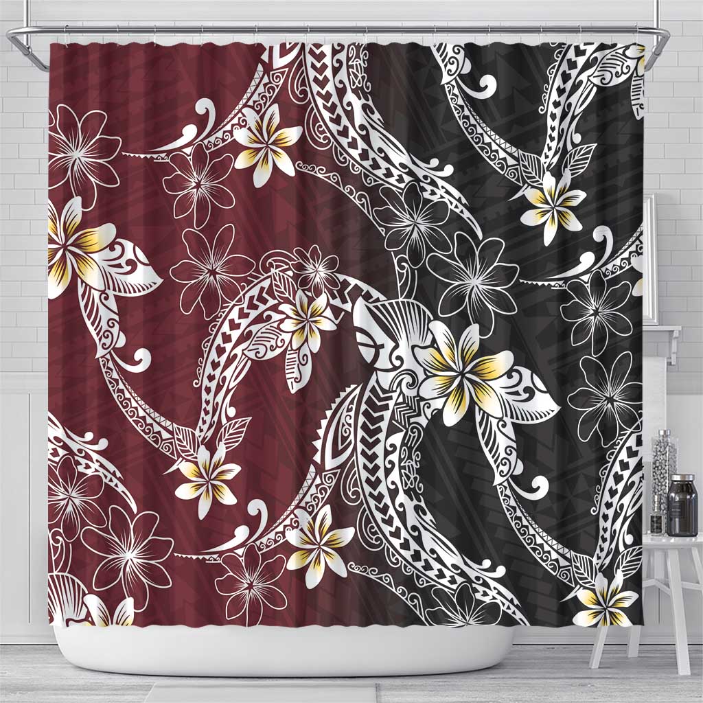 Polynesian Hawaiian Plumeria Tribal Pattern Shower Curtain Special Wine Red Version