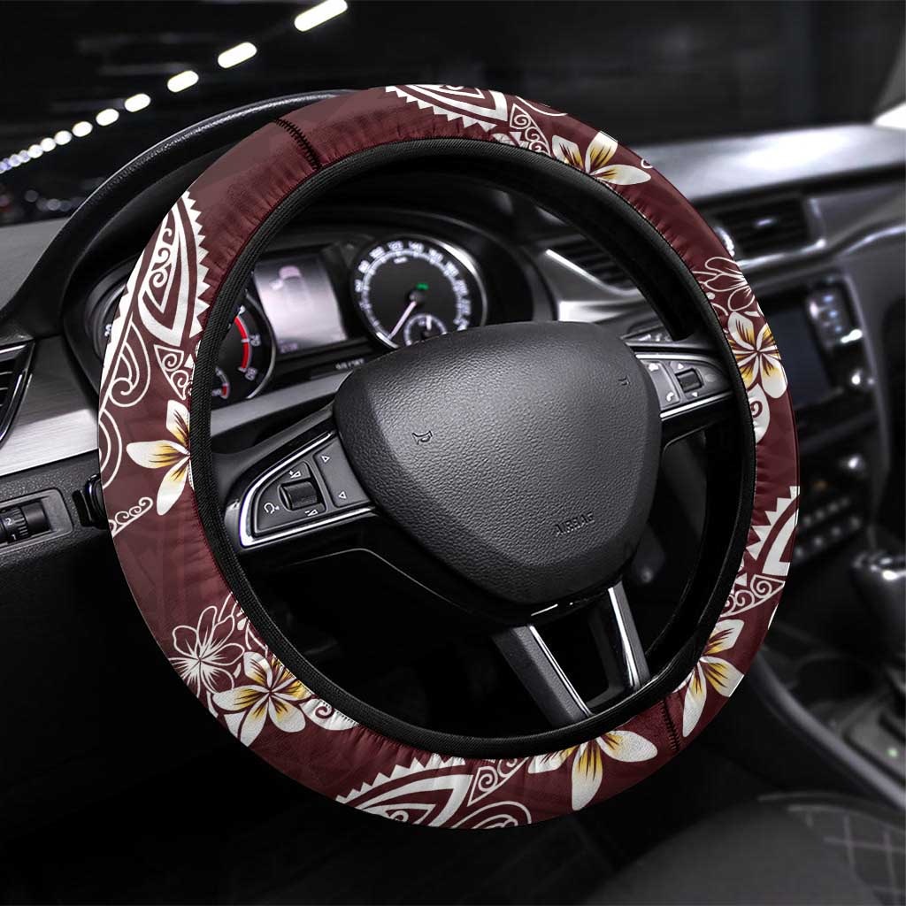 Polynesian Hawaiian Plumeria Tribal Pattern Steering Wheel Cover Special Wine Red Version