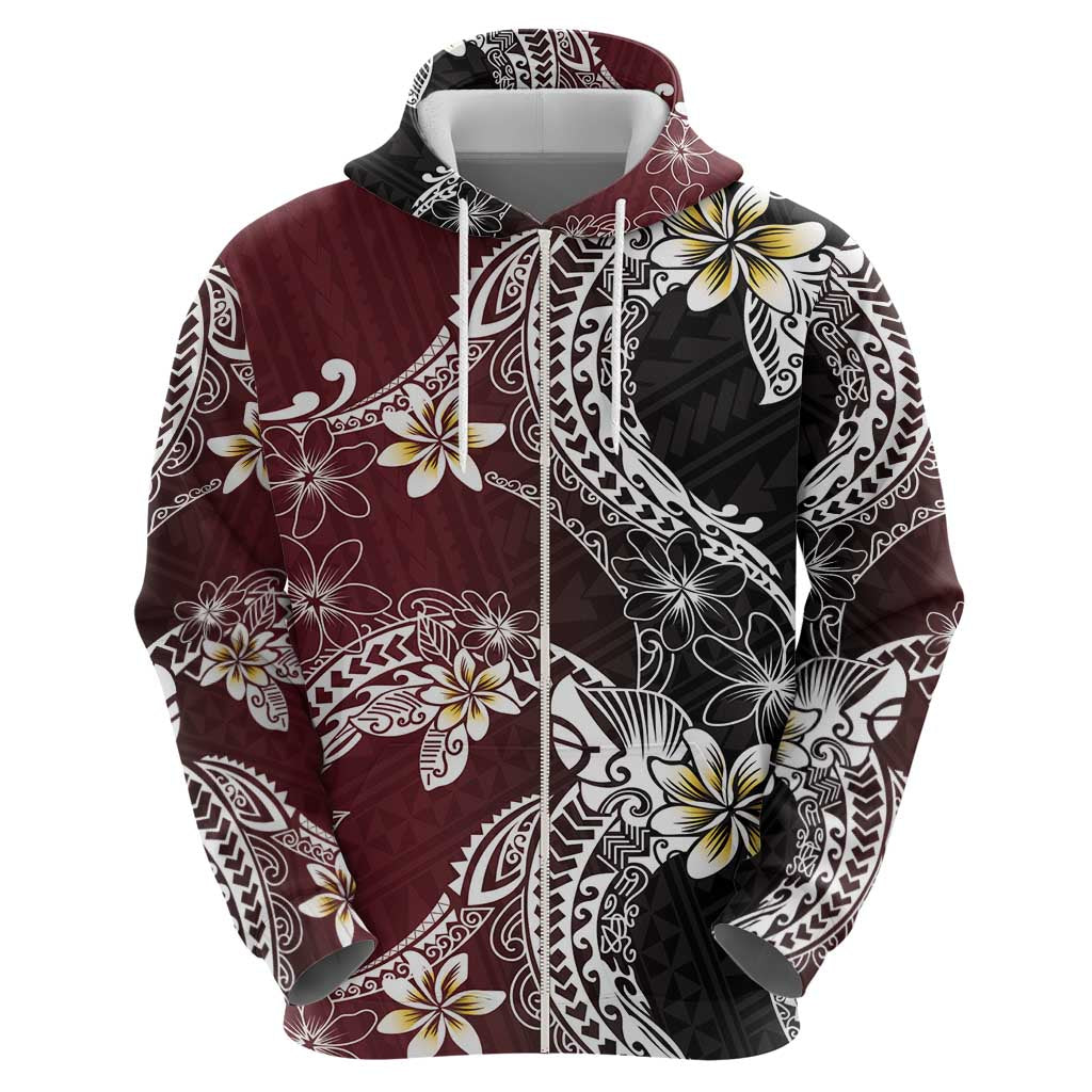 Polynesian Hawaiian Plumeria Tribal Pattern Zip Hoodie Special Wine Red Version