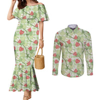 Anthurium Pikake Ti Leaf Palaka Couples Matching Mermaid Dress and Long Sleeve Button Shirt Green Version