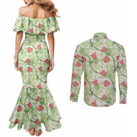 Anthurium Pikake Ti Leaf Palaka Couples Matching Mermaid Dress and Long Sleeve Button Shirt Green Version