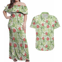 Anthurium Pikake Ti Leaf Palaka Couples Matching Off Shoulder Maxi Dress and Hawaiian Shirt Green Version