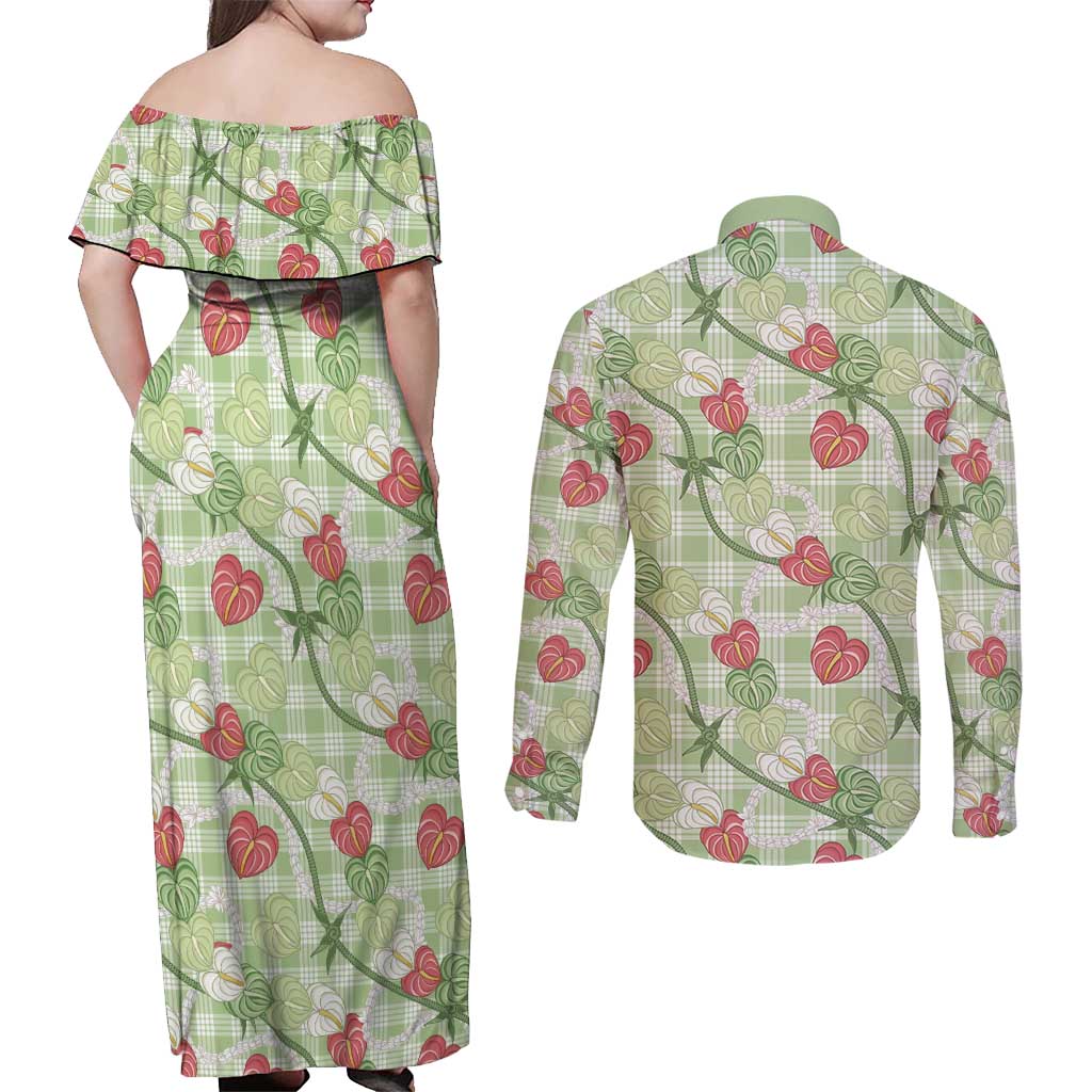 Anthurium Pikake Ti Leaf Palaka Couples Matching Off Shoulder Maxi Dress and Long Sleeve Button Shirt Green Version