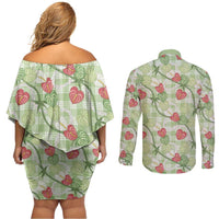 Anthurium Pikake Ti Leaf Palaka Couples Matching Off Shoulder Short Dress and Long Sleeve Button Shirt Green Version