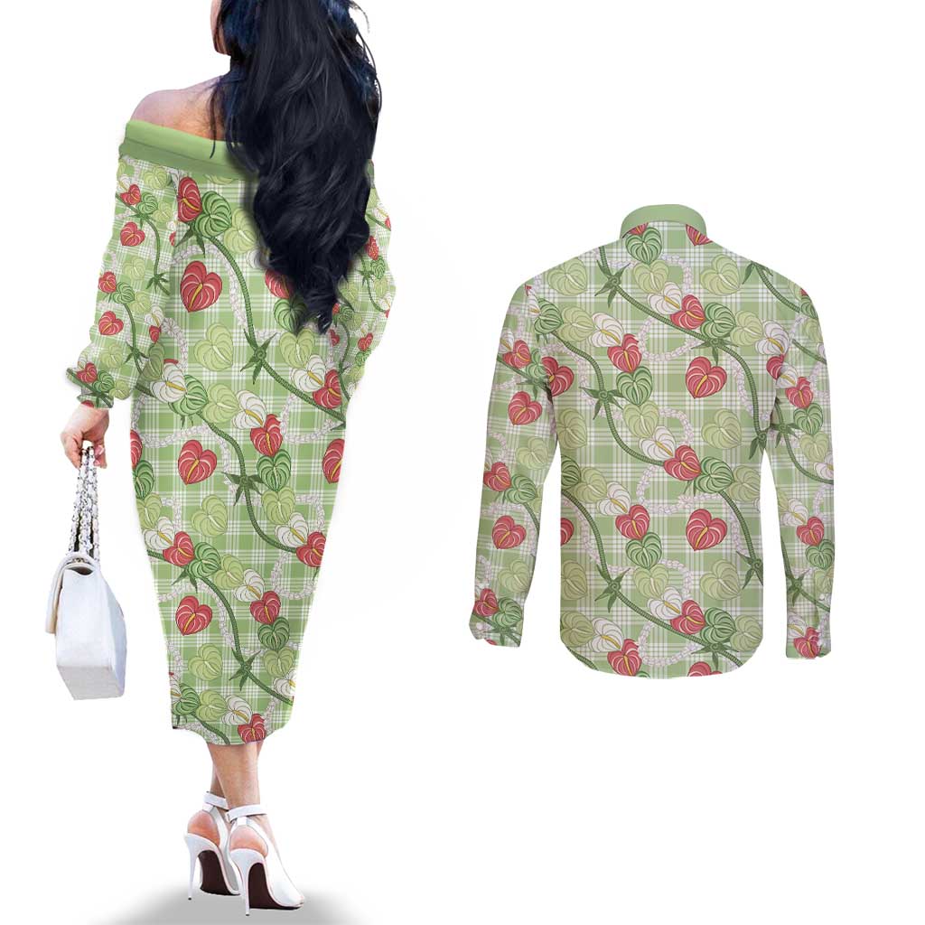 Anthurium Pikake Ti Leaf Palaka Couples Matching Off The Shoulder Long Sleeve Dress and Long Sleeve Button Shirt Green Version LT01 - Polynesian Pride