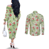 Anthurium Pikake Ti Leaf Palaka Couples Matching Off The Shoulder Long Sleeve Dress and Long Sleeve Button Shirt Green Version LT01 - Polynesian Pride