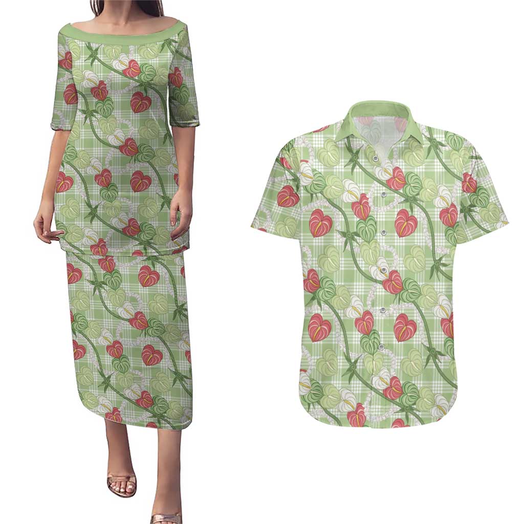 Anthurium Pikake Ti Leaf Palaka Couples Matching Puletasi and Hawaiian Shirt Green Version LT01 Green - Polynesian Pride