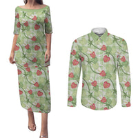 Anthurium Pikake Ti Leaf Palaka Couples Matching Puletasi and Long Sleeve Button Shirt Green Version LT01 Green - Polynesian Pride