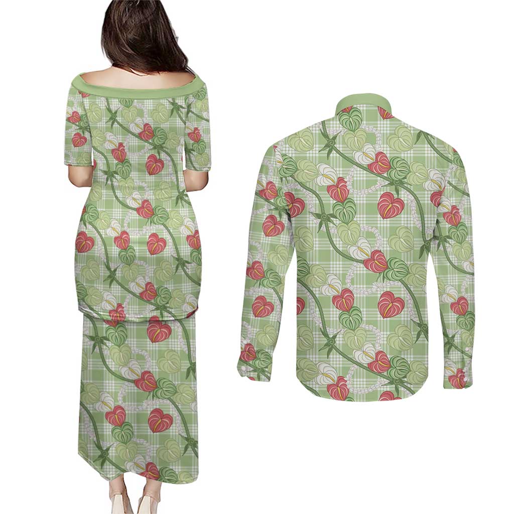 Anthurium Pikake Ti Leaf Palaka Couples Matching Puletasi and Long Sleeve Button Shirt Green Version LT01 - Polynesian Pride