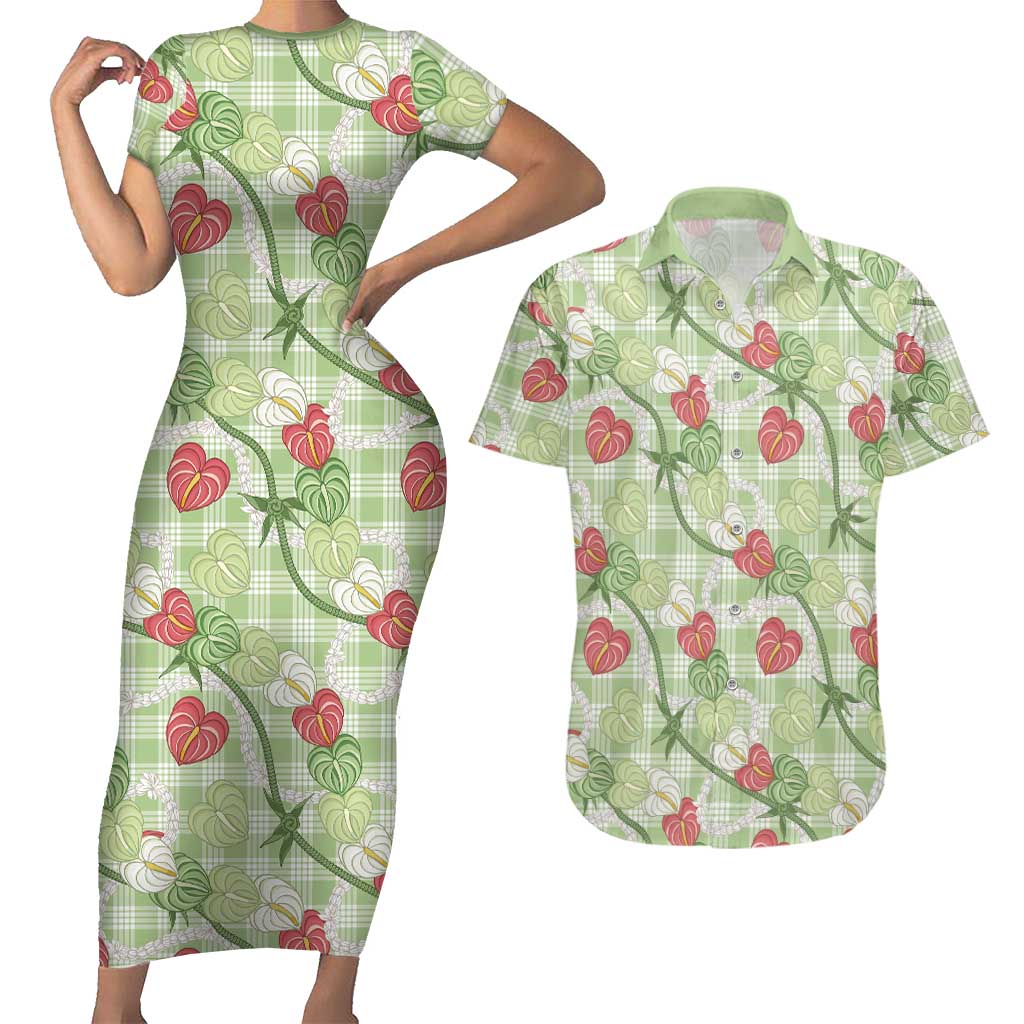 Anthurium Pikake Ti Leaf Palaka Couples Matching Short Sleeve Bodycon Dress and Hawaiian Shirt Green Version