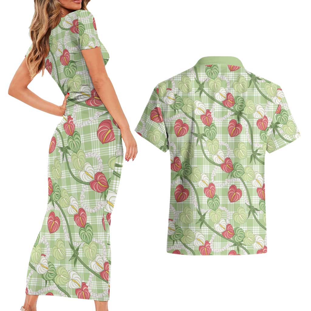 Anthurium Pikake Ti Leaf Palaka Couples Matching Short Sleeve Bodycon Dress and Hawaiian Shirt Green Version