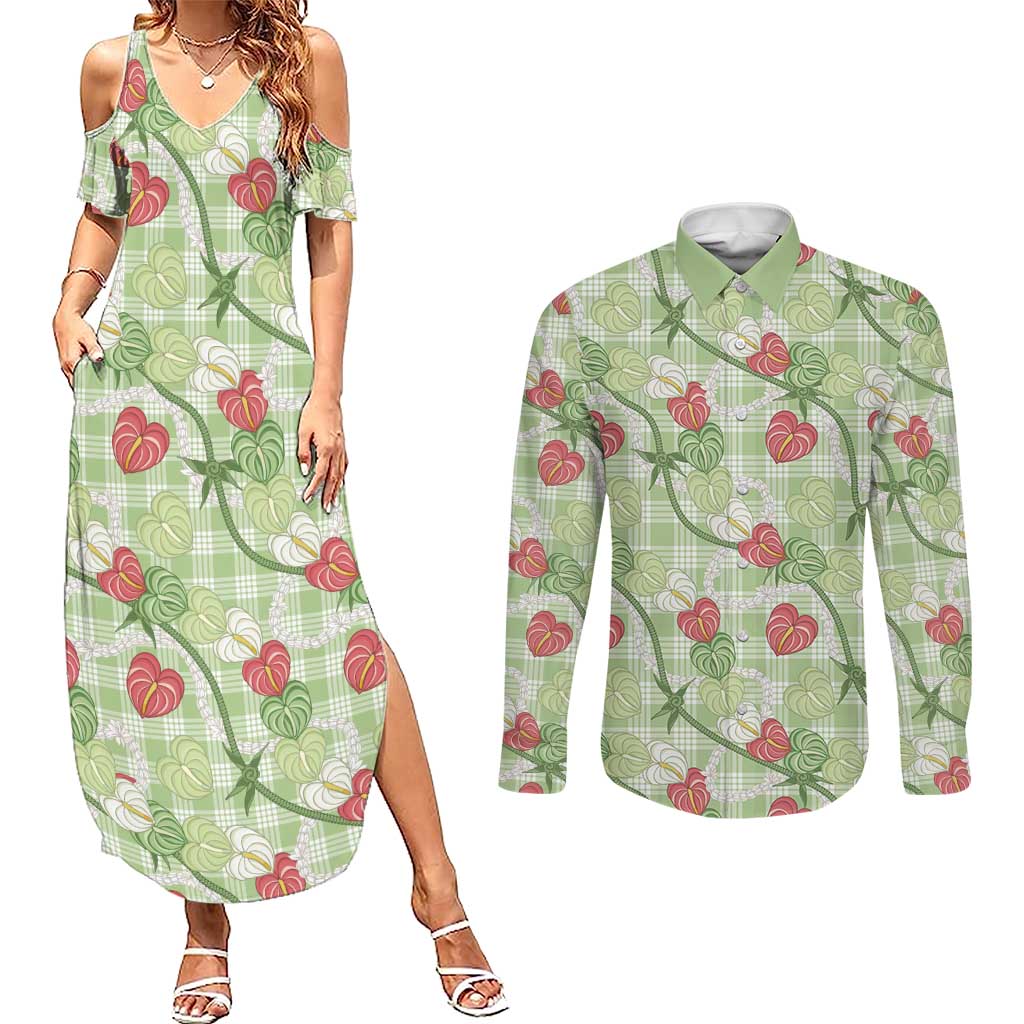 Anthurium Pikake Ti Leaf Palaka Couples Matching Summer Maxi Dress and Long Sleeve Button Shirt Green Version
