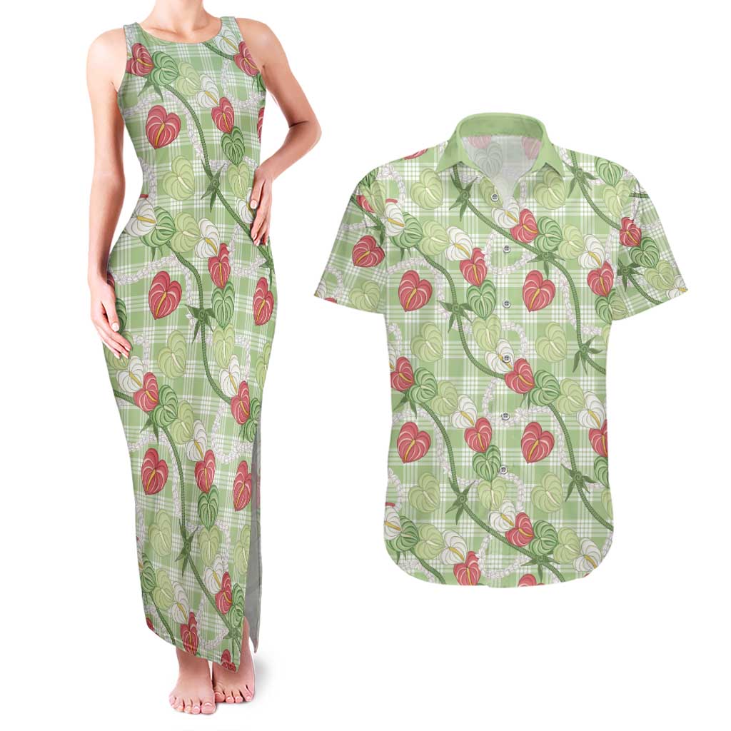 Anthurium Pikake Ti Leaf Palaka Couples Matching Tank Maxi Dress and Hawaiian Shirt Green Version