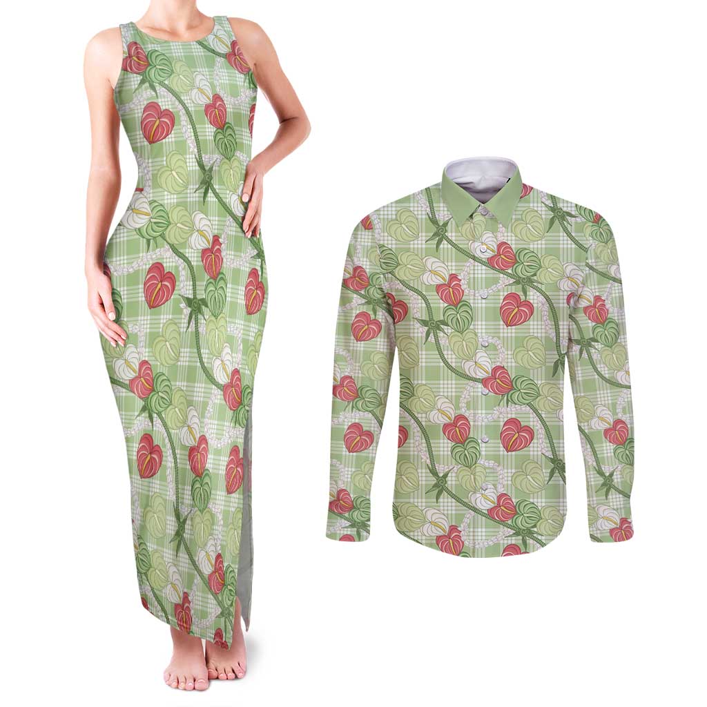 Anthurium Pikake Ti Leaf Palaka Couples Matching Tank Maxi Dress and Long Sleeve Button Shirt Green Version