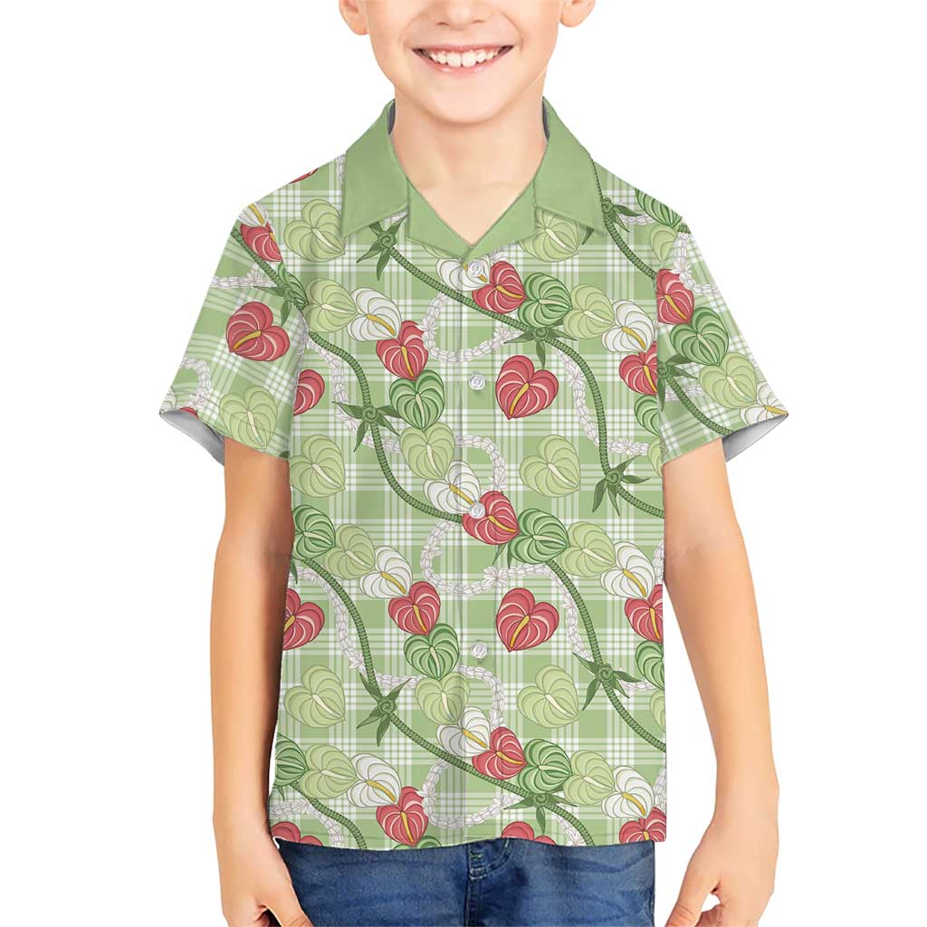 Anthurium Pikake Ti Leaf Palaka Family Matching Mermaid Dress and Hawaiian Shirt Green Version