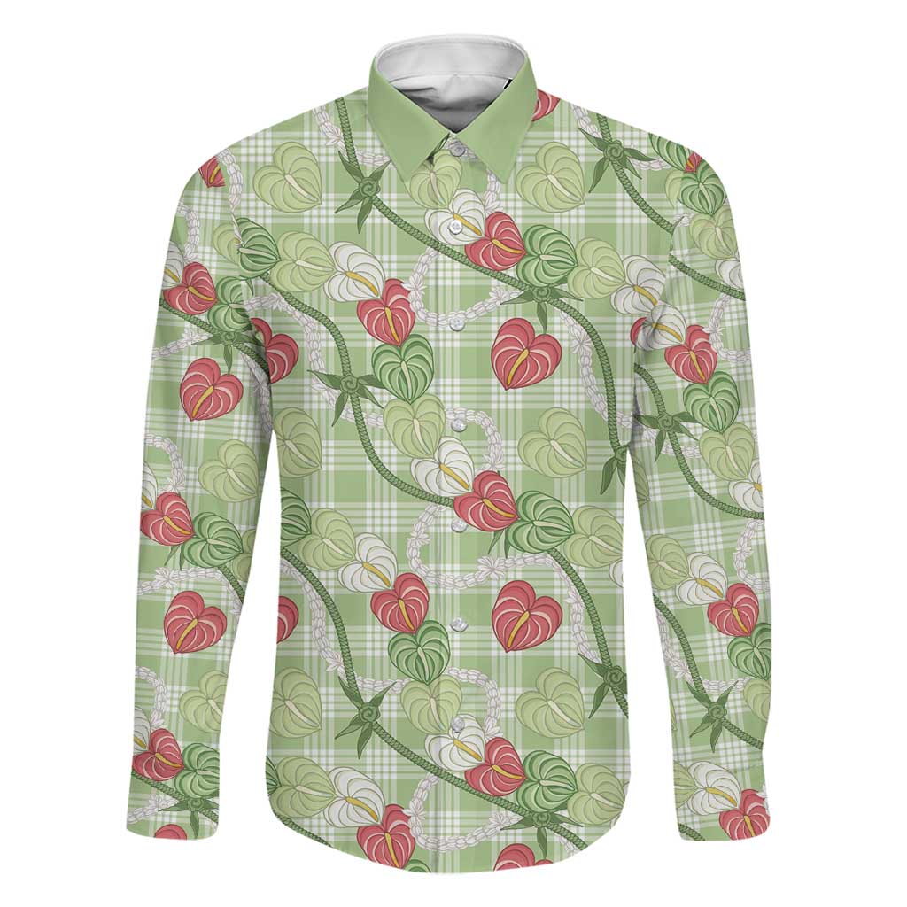 Anthurium Pikake Ti Leaf Palaka Family Matching Off The Shoulder Long Sleeve Dress and Hawaiian Shirt Green Version