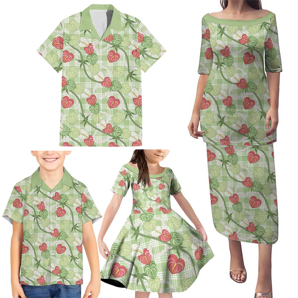 Anthurium Pikake Ti Leaf Palaka Family Matching Puletasi and Hawaiian Shirt Green Version