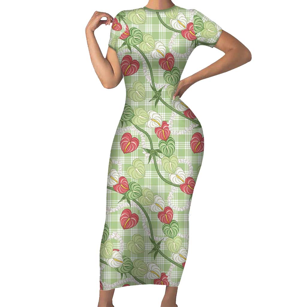 Anthurium Pikake Ti Leaf Palaka Family Matching Short Sleeve Bodycon Dress and Hawaiian Shirt Green Version