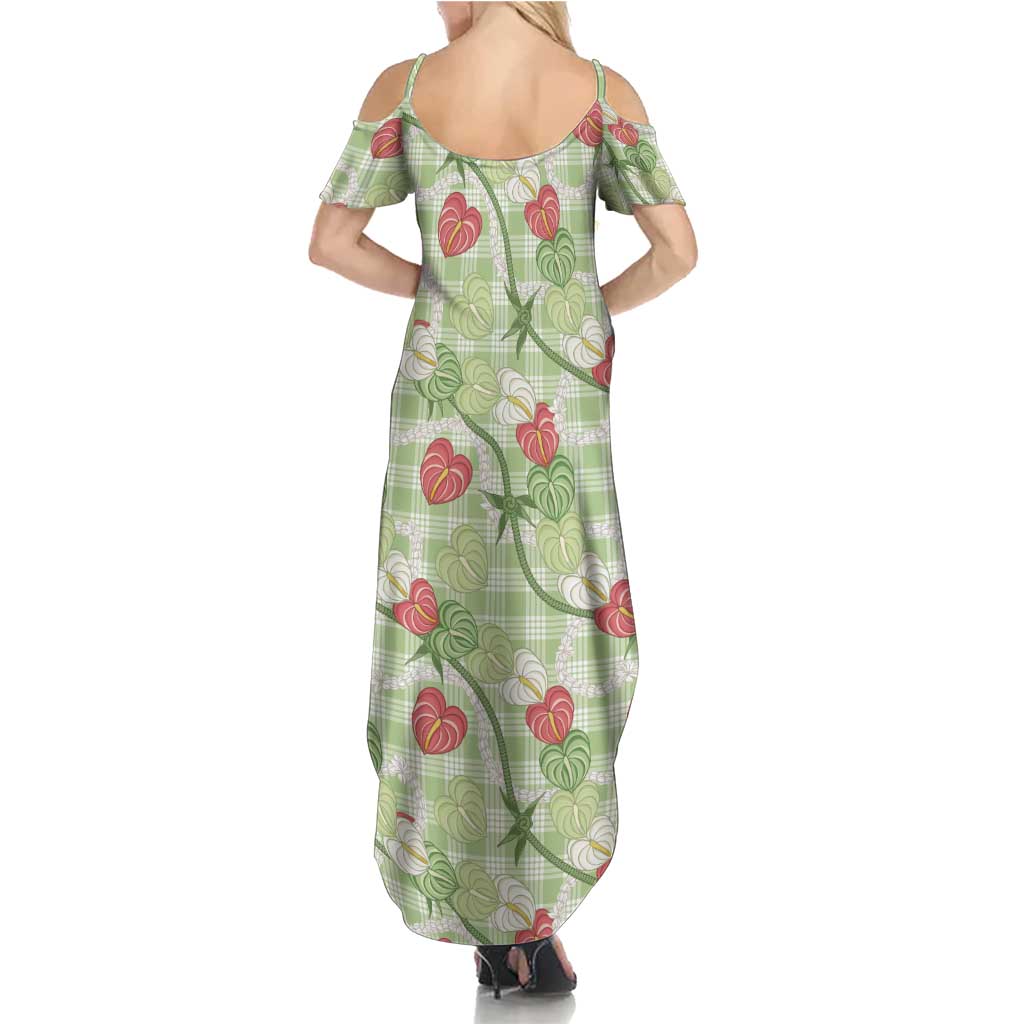 Anthurium Pikake Ti Leaf Palaka Family Matching Summer Maxi Dress and Hawaiian Shirt Green Version