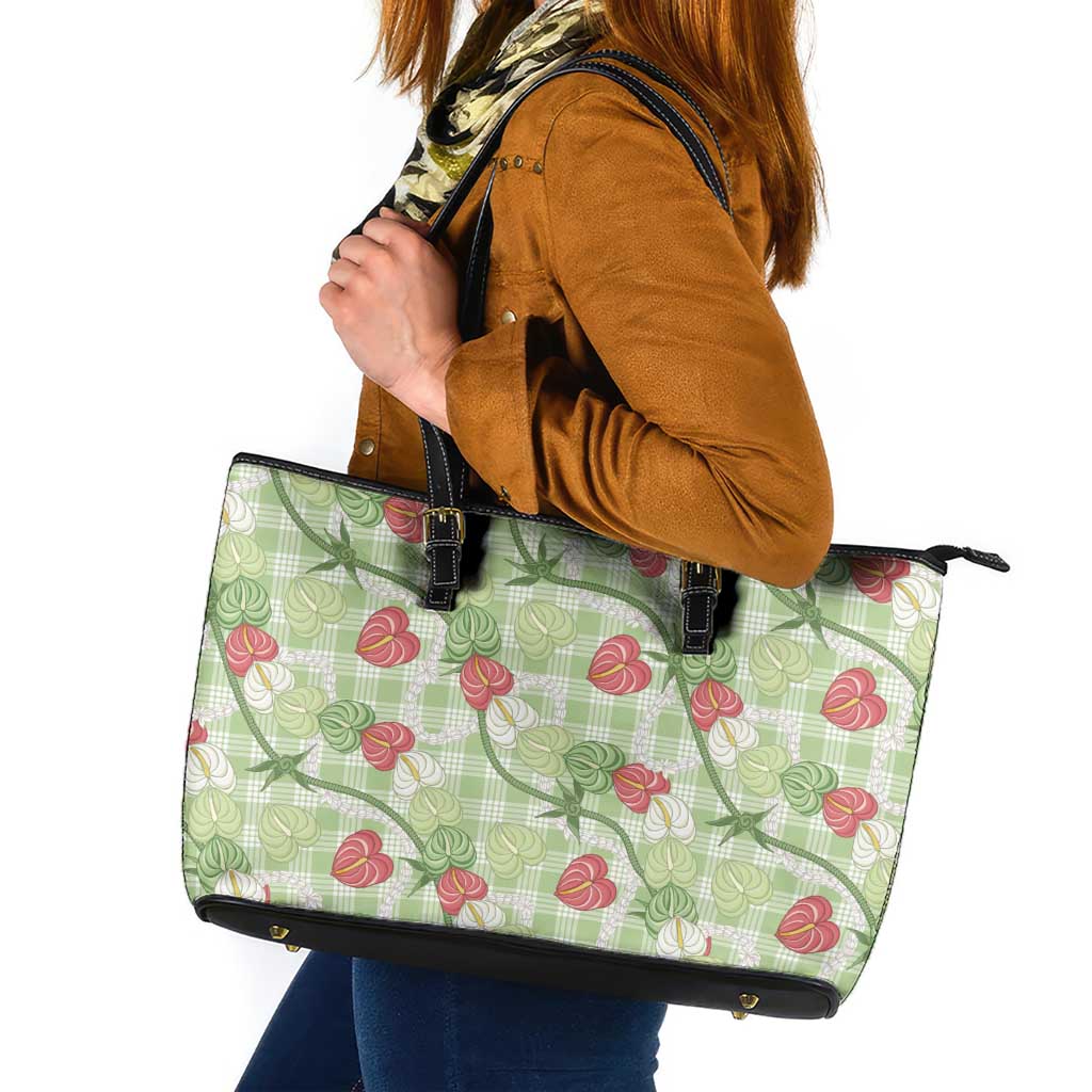 Anthurium Pikake Ti Leaf Palaka Leather Tote Bag Green Version LT01 Green - Polynesian Pride