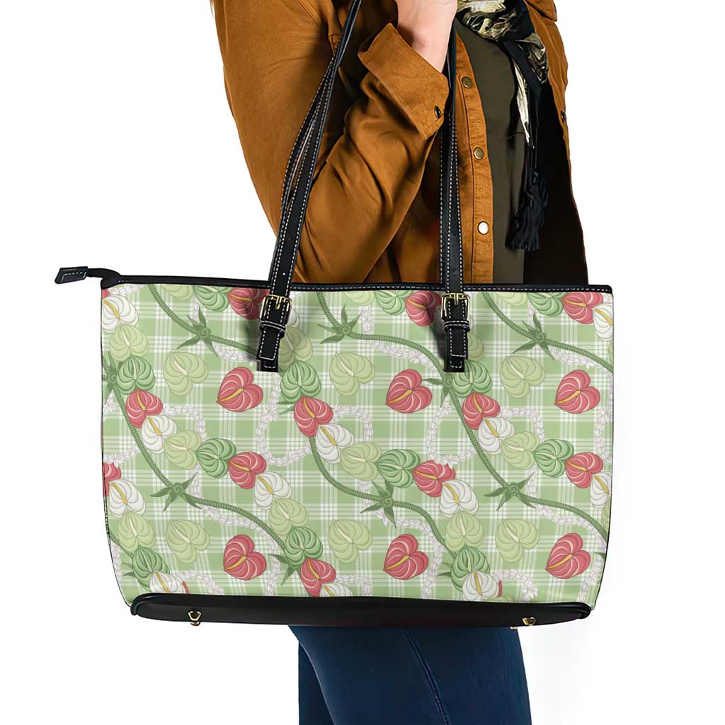 Anthurium Pikake Ti Leaf Palaka Leather Tote Bag Green Version LT01 - Polynesian Pride