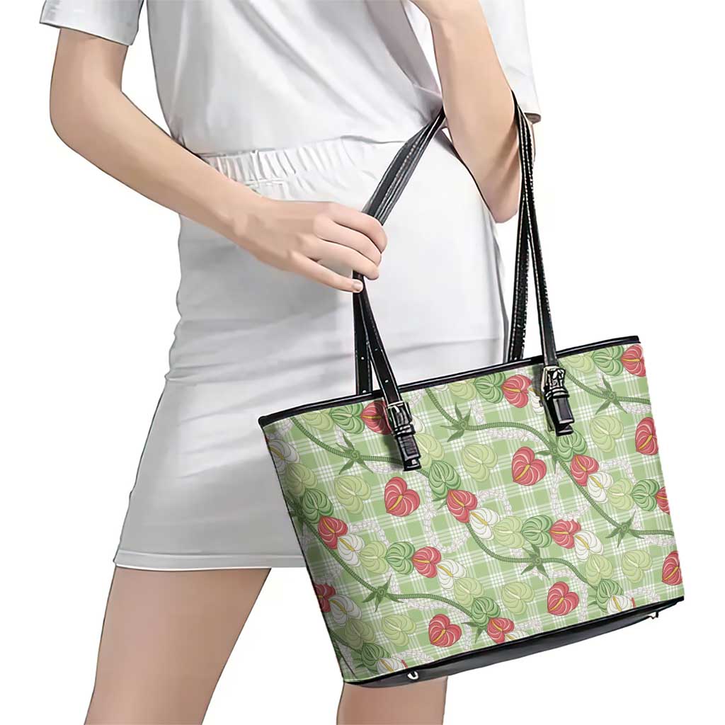 Anthurium Pikake Ti Leaf Palaka Leather Tote Bag Green Version LT01 - Polynesian Pride