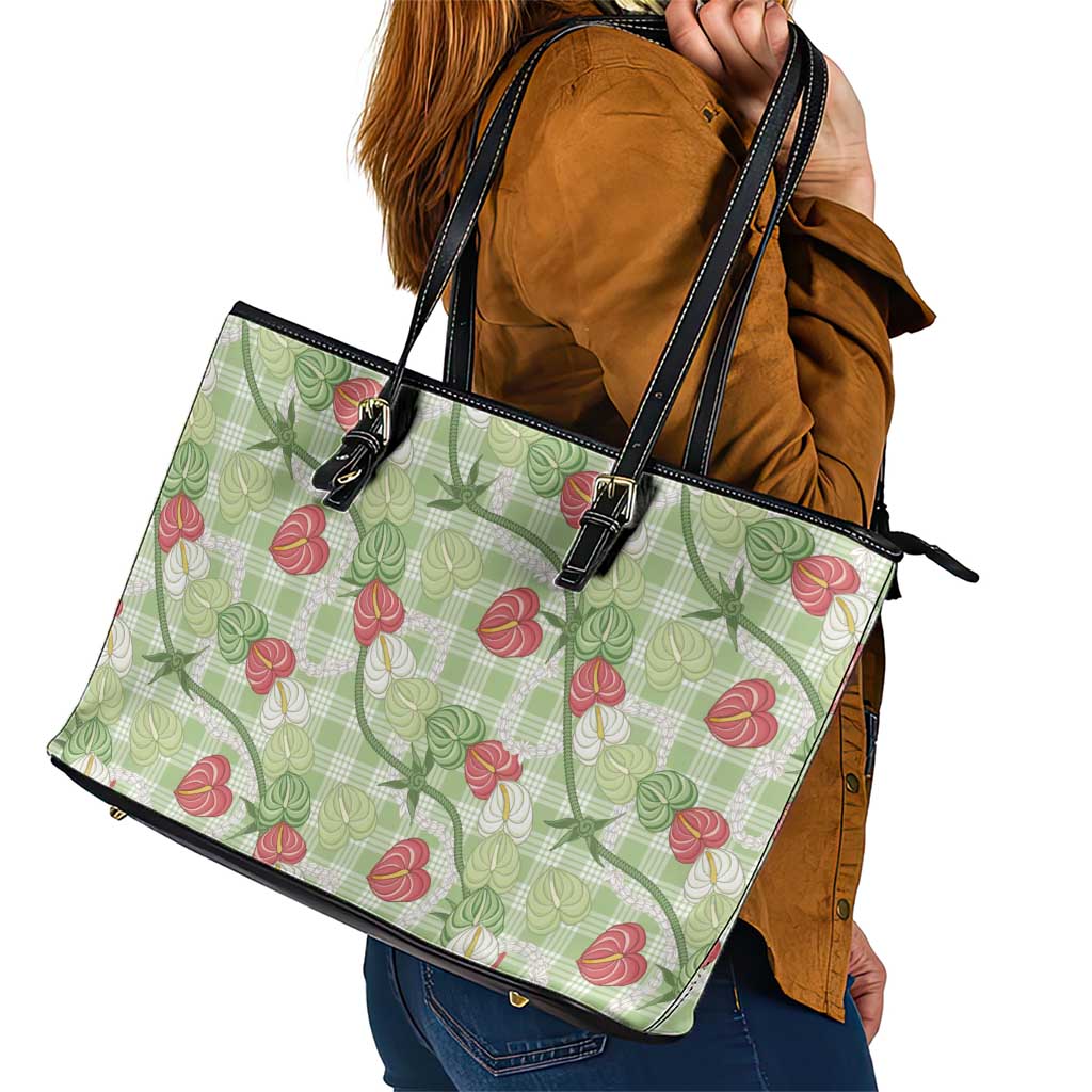 Anthurium Pikake Ti Leaf Palaka Leather Tote Bag Green Version LT01 - Polynesian Pride