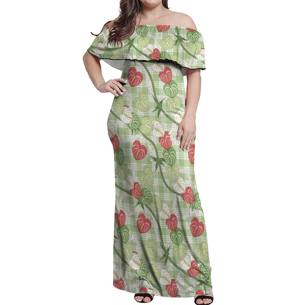 Anthurium Pikake Ti Leaf Palaka Off Shoulder Maxi Dress Green Version