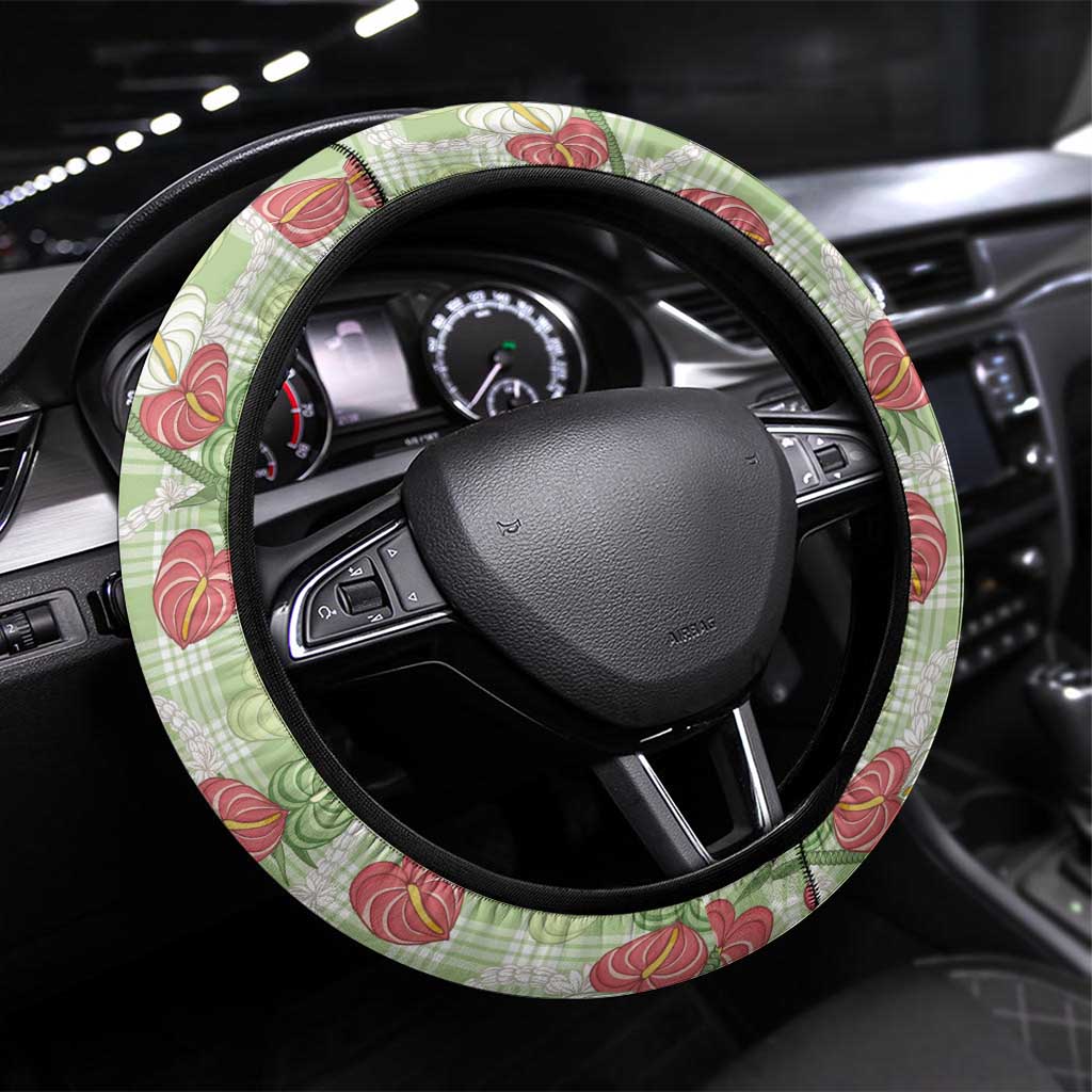 Anthurium Pikake Ti Leaf Palaka Steering Wheel Cover Green Version LT01 Universal Fit Green - Polynesian Pride
