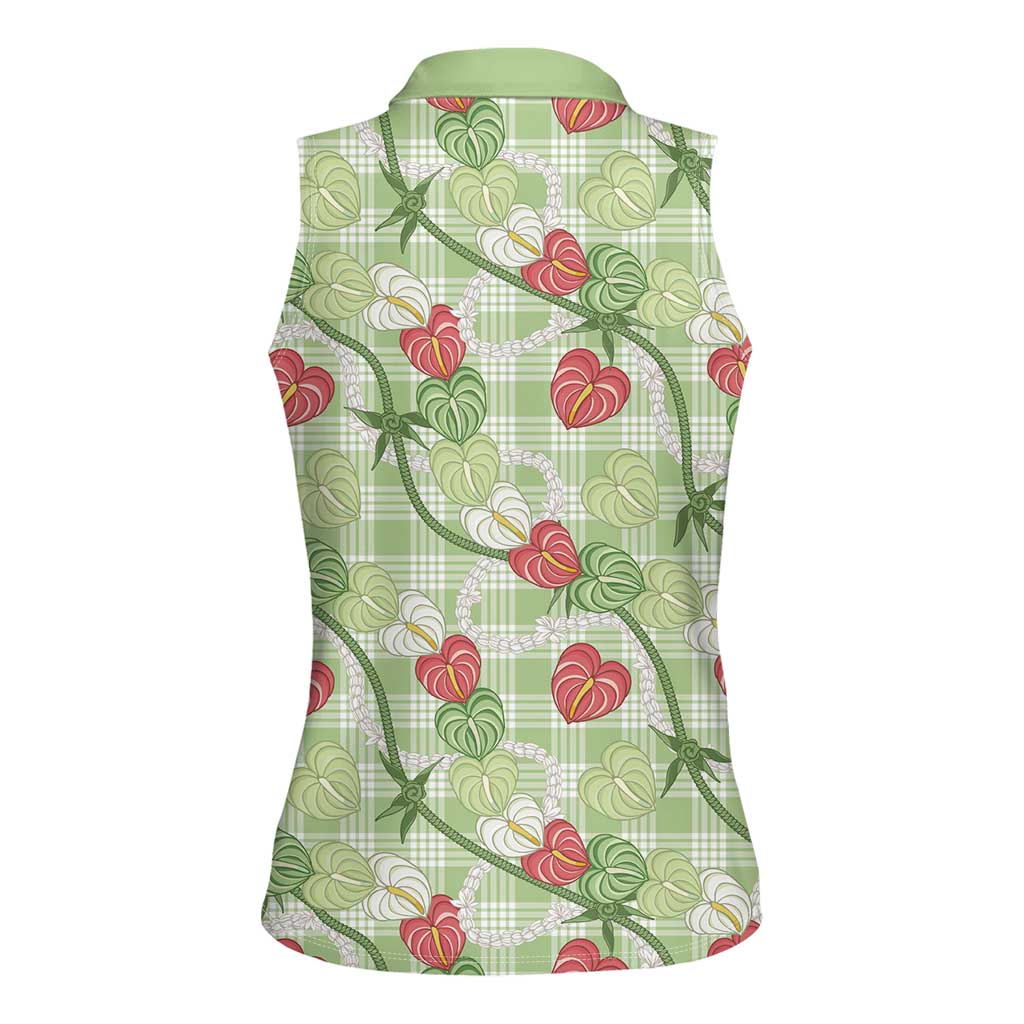 Anthurium Pikake Ti Leaf Palaka Women Sleeveless Polo Shirt Green Version LT01 - Polynesian Pride