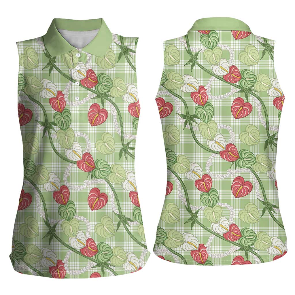 Anthurium Pikake Ti Leaf Palaka Women Sleeveless Polo Shirt Green Version LT01 - Polynesian Pride
