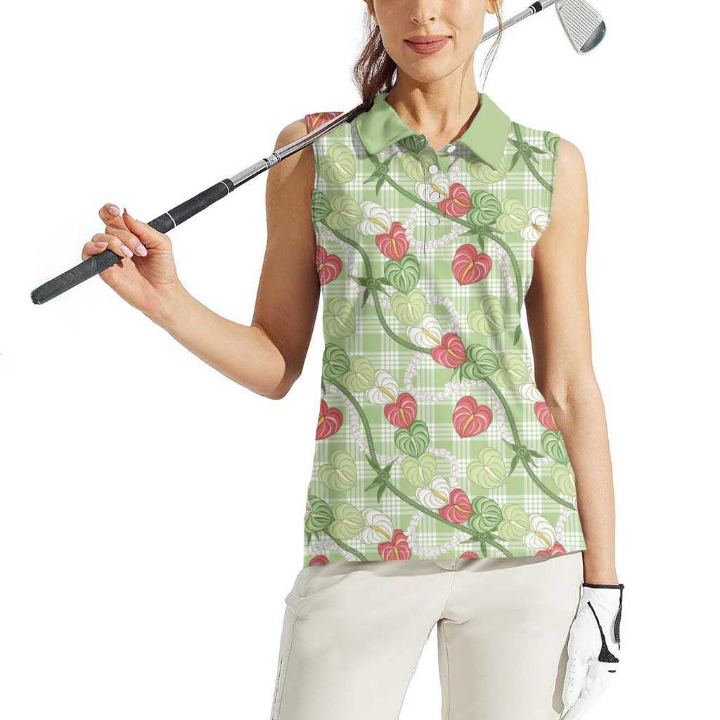 Anthurium Pikake Ti Leaf Palaka Women Sleeveless Polo Shirt Green Version LT01 - Polynesian Pride
