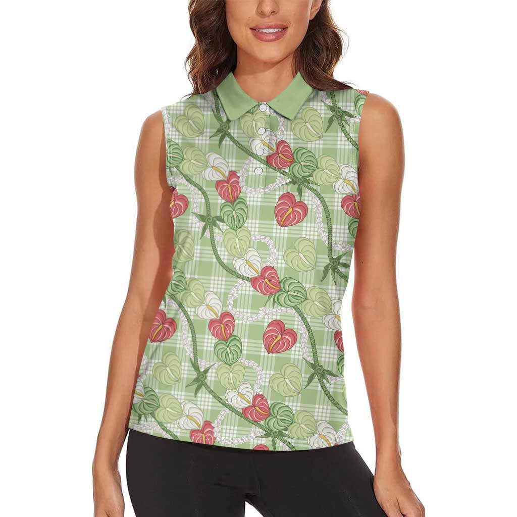 Anthurium Pikake Ti Leaf Palaka Women Sleeveless Polo Shirt Green Version LT01 - Polynesian Pride