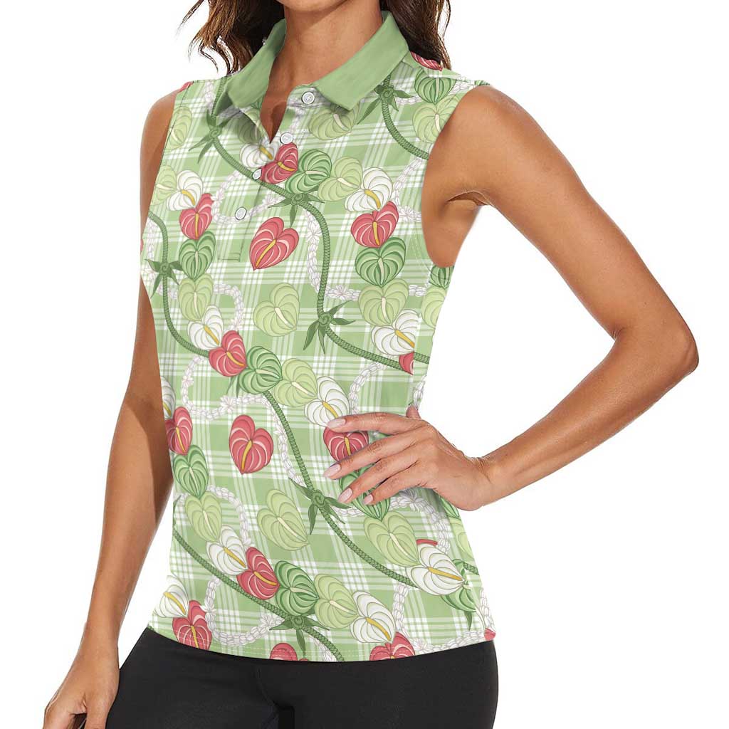 Anthurium Pikake Ti Leaf Palaka Women Sleeveless Polo Shirt Green Version LT01 - Polynesian Pride