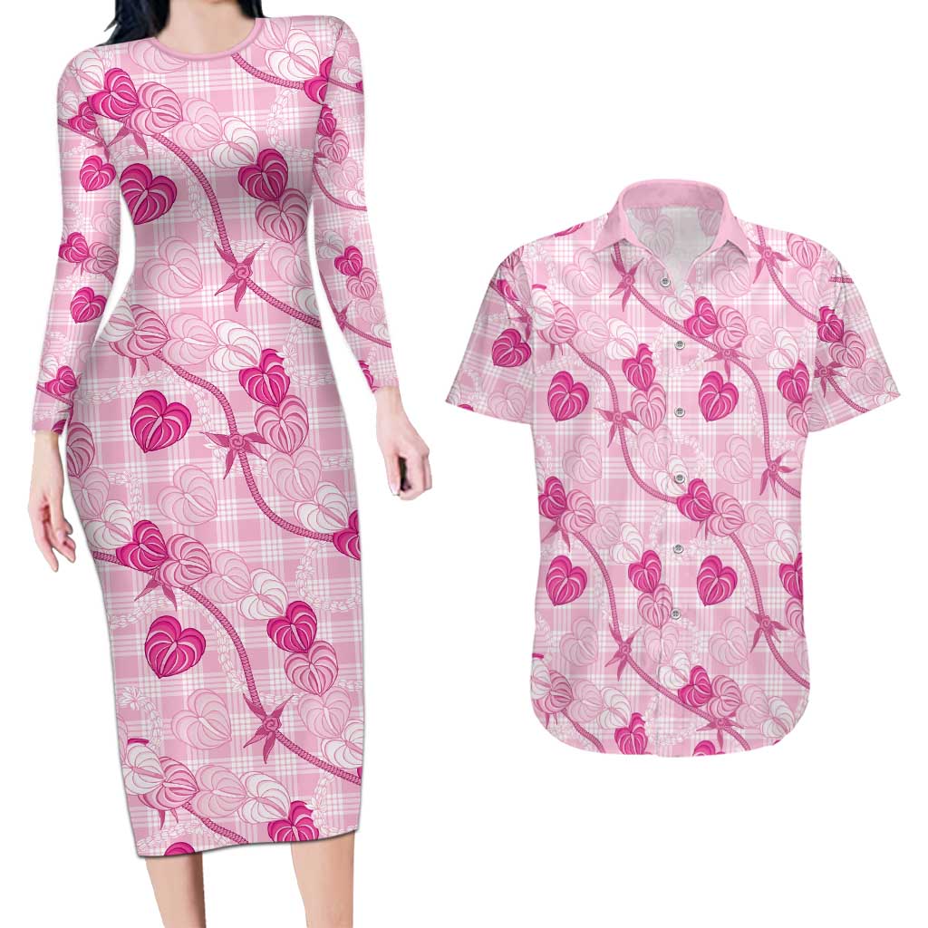 Anthurium Pikake Ti Leaf Palaka Couples Matching Long Sleeve Bodycon Dress and Hawaiian Shirt Pink Version LT01 Pink - Polynesian Pride